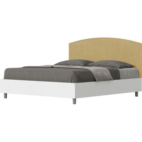 Letto Matrimoniale 160x190 cm con Rete e Contenitore Alzata Comoda Struttura Bianco Frassico e Testata in Microfibra Antilia Ocra (1/5)