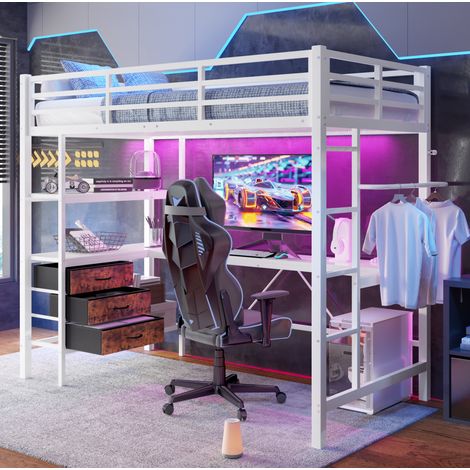 MEUBLIV Letto a soppalco 90x200 cm bianco – scrivania, LED e contenitori, senza materasso (1/5)