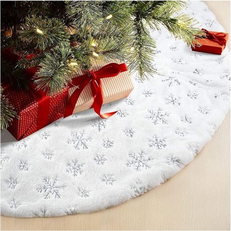 Weihnachtsbaumrock, Kunstfell-Teppich mit Schneeflocken-Stickerei, silberfarbener Glitzer, Weihnachtsbaum-Dekoration, 78 cm (1/4)