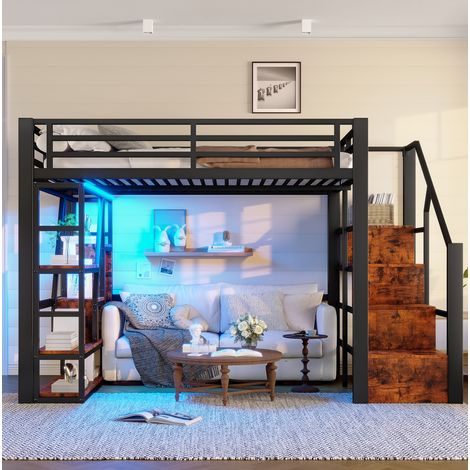 Letto a soppalco bambino 140 x 200 cm con scala, vano contenitore, LED, nero HAVRYA (1/5)