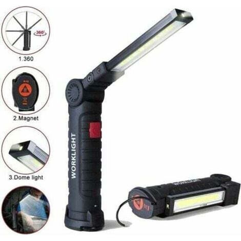 Lampe de travail LED rechargeable avec 800 lumens, base magnétique, 5 modes pour garage, camping, urgences, lampe torche baladeuse LED. (1/4)