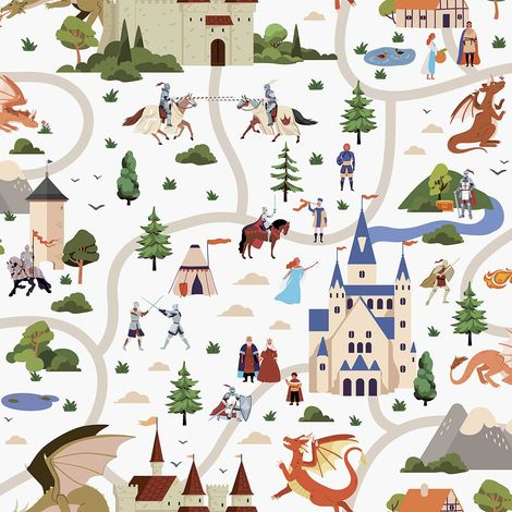 Papier peint chevaliers châteaux dragons enfant