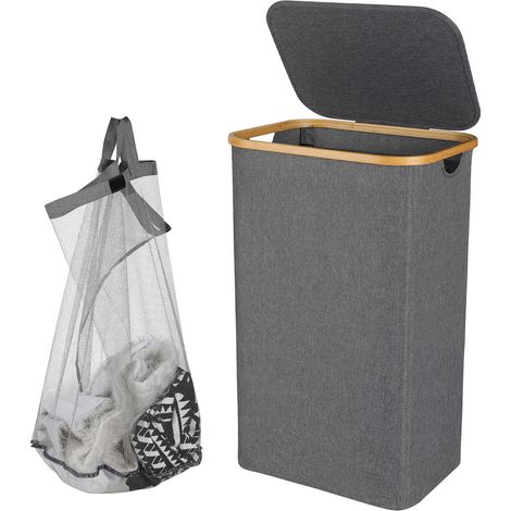 Wolketon Cesto para ropa sucia con tapa, 100L Gris Colector de ropa sucia - 1 bolsa de ropa sucia extraíble (Para uso en baños y hogares)