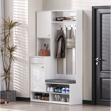Mueble de recibidor con banco, 4 ganchos, armario y cajón, blanco, 100 x 180 x 35 cm HAVRYA (1/5)