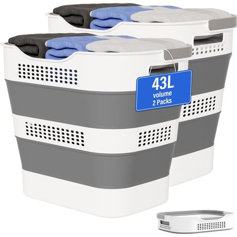 Lot de 2 Paniers à Linge Pliables 42 L, Corbeilles en Plastique avec Poignées, Gain de Place pour Vêtements, Gris foncé (1/5)