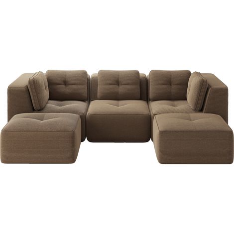 Canapé d’angle modulable 3 places en velours côtelé marron, avec ottomane, assise profonde 74 cm, sans montage (1/5)