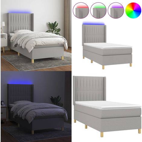 Cama box spring colchón y luces LED tela gris claro 90x200 cm - Colchón LED - Cama con luces