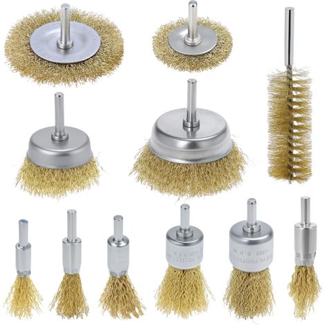 11 Piece Wire Brush Set, Brass Coated Steel Wires with 6mm Shank - for Rust Removal, Cleaning and Deburring (1/5)