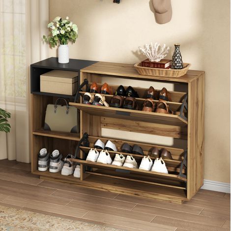 Scarpiera 120x32x84,5 cm con 3 ripiani a giorno e 2 ante a ribalta, in MDF naturale e nero (1/5)