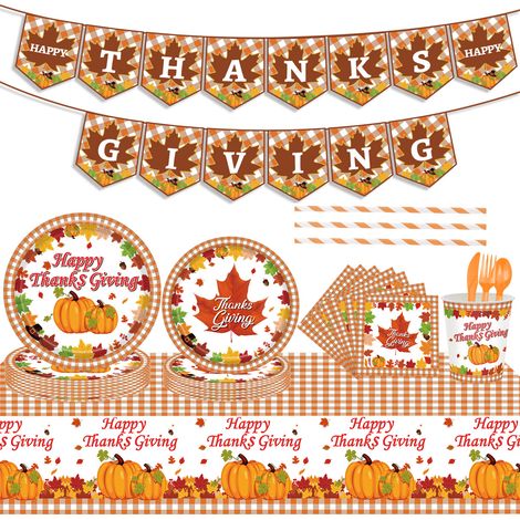 Assiettes et serviettes jetables pour Thanksgiving, décorées de feuilles d'érable et de citrouilles, parfaites pour la fête. (1/4)