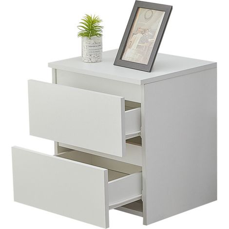 Bedside Table, 2-Drawer Cabinet Black Wooden Nightstand Cabinet Storage Unit with No-handle Design, Chest of 2 Drawer for Bedroom Living Room, White (1/5)