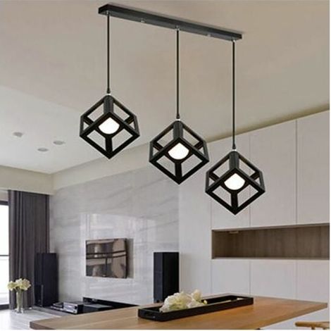 1 Suspension cube, 3 lampes, douille E27, métal noir, design industriel, longueur ajustable, salon cuisine bureau (1/5)
