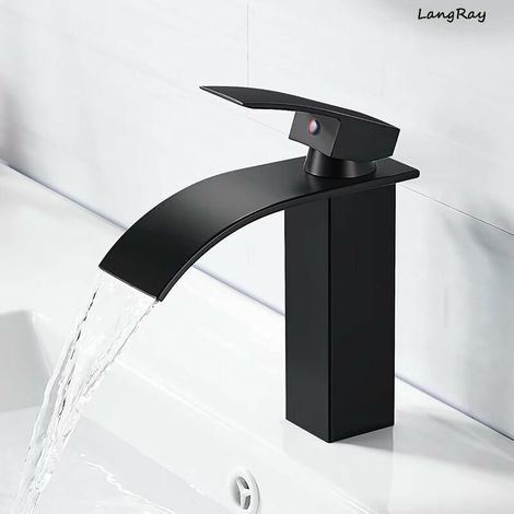 (Noir, acier inoxydable) Robinet d'évier cascade, robinet de salle de bain monotrou à poser, cartouche céramique, robinet de lavabo au design élégant, mitigeur cascade noir, robinet de cuisine mural (1/3)