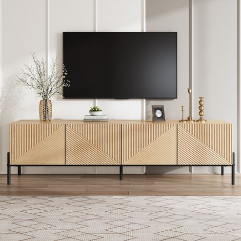 Meuble TV MDF naturel 163,5 x 40 x 45 cm, 4 portes, texture 3D, pieds en métal noir, ouverture push-to-open (1/5)
