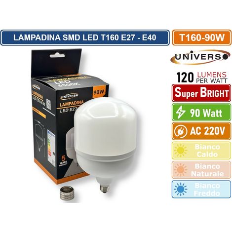 UNIVERSO T160-90W LAMPADINA SMD LED E27 + ADATTATORE E40 90W TUBOLARE T160 10.8000 LUMEN - 3000K - 4000K - 6500K - Colore Luce:Bianco Freddo (1/3)