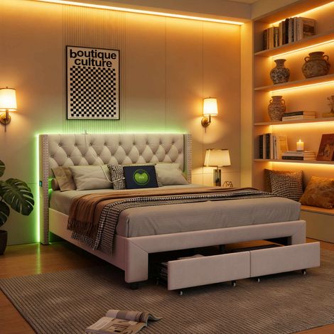 Letto matrimoniale 140x190 cm in velluto beige con cassetti e USB, LED regolabile, mensola integrata, struttura in acciaio