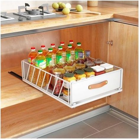 Kitchen Sliding Drawers, Sliding Cabinet Organizers, Mesh Storage Baskets with Handles 30cm White