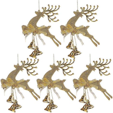 Lot de 5 décorations de Noël dorées à suspendre : clochettes, rennes et autres petits animaux. Décorations miniatures pour la maison et cadeaux.-20X13cm-Golden
