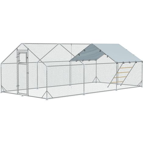Hühnerstall Freilaufgehege aus Stahl, 300 x 600 x 195 cm Hühnerkäfig mit UV-beständiger Abdeckung, Futtertür, Hängefütterung, Sitzstange, Hühnergehege für 18-24 Hühner, Kleintiere, Silber