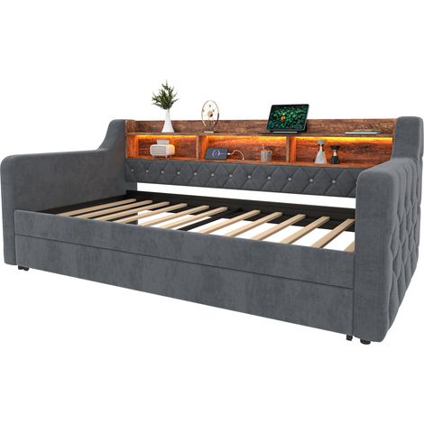 CHICFURN Divano letto 90x190 cm in velluto grigio scuro con vano, LED e USB-C (1/5)