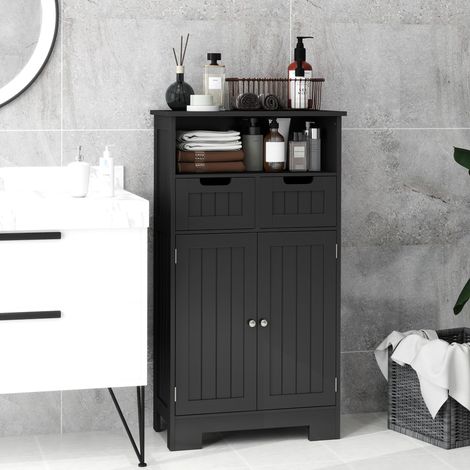 Meuble-lavabo de salle de bain avec plusieurs compartiments de rangement, grande niche, deux tiroirs et armoire à double porte avec étagères, noir. (1/5)