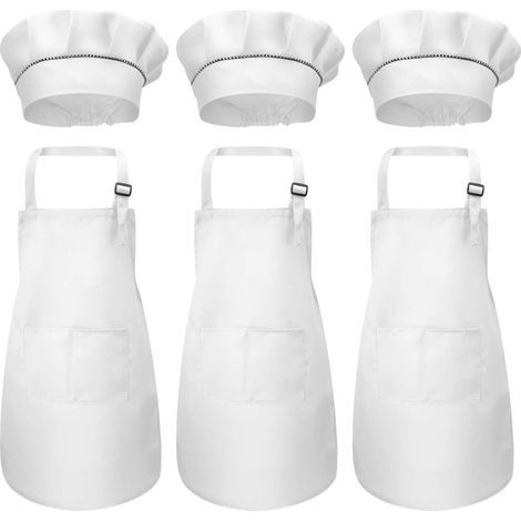 6Pcs Kids Apron and Chef Hat Set, Chef Aprons with Pockets, Girls Boys Adjustable Garden Cooking Aprons, Toddler Baking Aprons for Painting Crafts (7-13 Years) (White) (1/5)