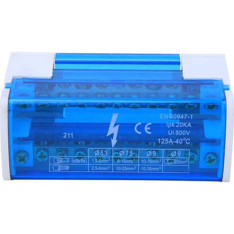 Bornier de distribution, borniers de bornier de boîte de distribution 500V 125A Rail Din monophasé à 2 niveaux avec cache-poussière transparent 211 (1/5)