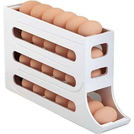 Support à œufs roulant à 4 niveaux pour réfrigérateur — Organiseur et distributeur d'œufs automatique par gravité (Blanc) (1/5)