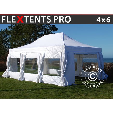Pop up gazebo FleXtents PRO 4x6 m White, incl. 8 sidewalls & decorative curtains