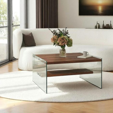 Table basse verre et bois - plateaux marrons suspendus LHASA (1/5)