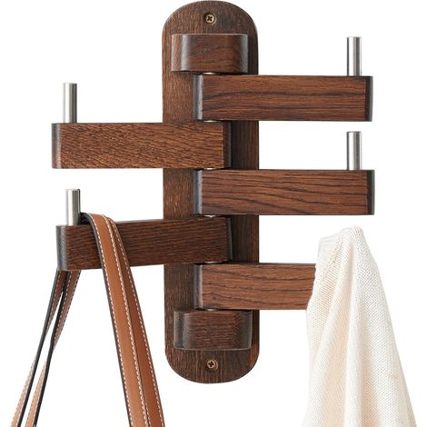 Porte-manteau pivotant en chêne, crochets muraux en bois avec 5 bras pivotants et pliables, 30 cm de longueur, idéal pour salle de bain, entrée, chambre, bureau, cuisine, robuste (noyer). (1/5)