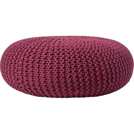 HOMESCAPES Plum Large Round Cotton Knitted Pouffe Footstool
