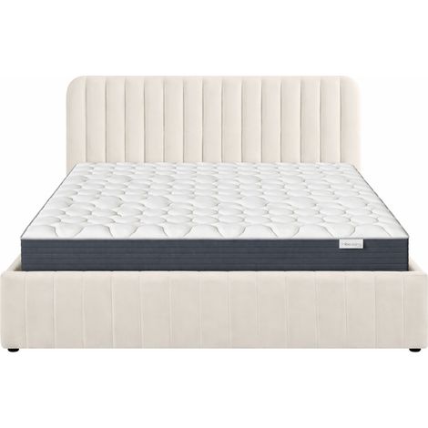 Ensemble Lit coffre adulte 160x200cm avec tête de lit en velours beige - Ava + Matelas mémoire de forme - Memo HR (1/5)