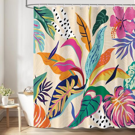 Rideau de Douche Florale Tropicale Abstraite 180 x 180 cm, Feuilles Fleurs Colorées Rideaux de Baignoire Imperméable Anti-Moisissures Tissu avec 12 Crochets (1/5)