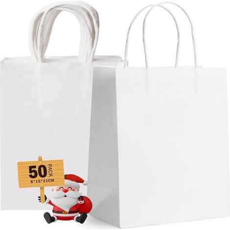 Petits sacs cadeaux avec poignées, lot de 50 sacs en papier blanc résistant, parfaits pour les mariages, les courses, les achats de cadeaux et autres occasions spéciales. (1/5)
