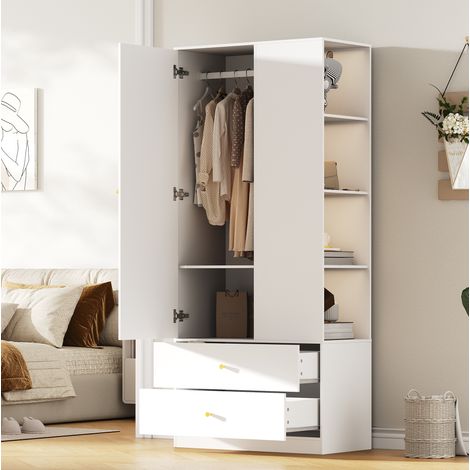 Armario ropero con puerta con espejo, 2 cajones y 4 estantes, MDF blanco, 80 x 40 x 180 cm, OKWISH (1/5)