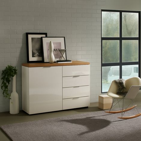 Alacena Bagwis, Aparador 2 Estantes, 4 Cajones Made in Italy, Una puerta, 120x43x89h cm Blanco Brillante (1/5)