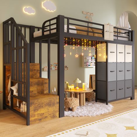 Cama alta de 90x200 cm en metal blanco/negro y MDF con espacio de almacenamiento, armario integrado y escalera de almacenamiento. (1/5)