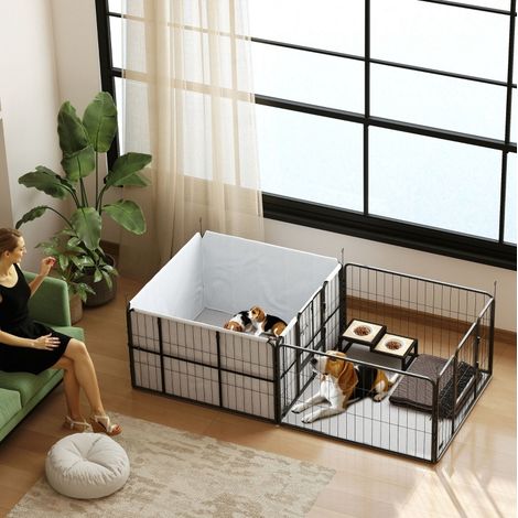 Parque para cachorros con 7 paneles, 2 zonas, alfombra lavable, 203 x 102 x 60 cm, negro HAVRYA (1/3)