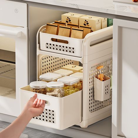 Égouttoir d'évier à plusieurs niveaux coulissant, support de rangement fruits et légumes, organiseur cuisine (1/3)