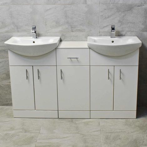 1450mm Double Vanity Sink Unit White Gloss Finish Two Basins Bathroom Storage, With No Tap & Waste pack (1/5)