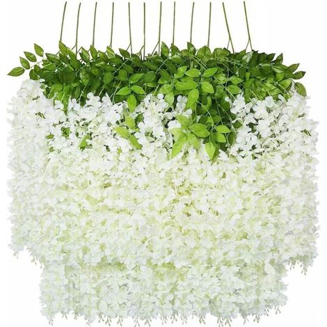 Lot de 12 glycines artificielles, blanc pur, fleurs simulées pour mariage et décoration extérieure (1/5)