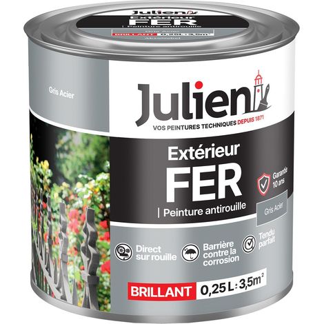 Julien Peinture Fer Anti-Rouille Brillant - Portes, grilles, portails, mobilier de jardin en métal - Gris Acier 0,25 L