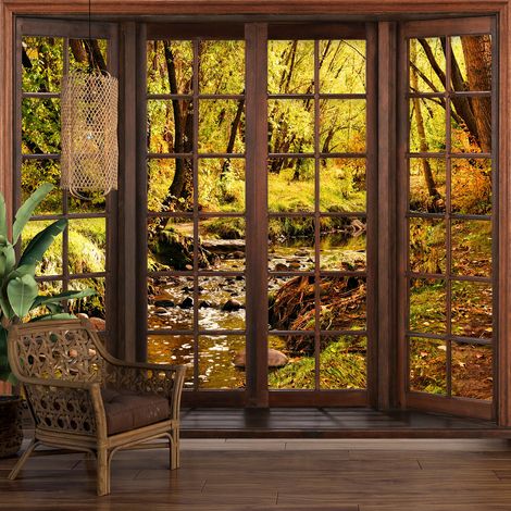Papier peint panoramique Trompe l'oeil Fenêtre en bois - Rivière forêt - 130 cm x 104 cm (1/5)