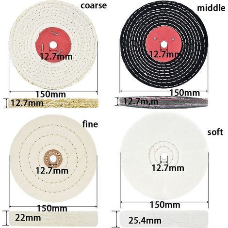 Disque de polissage de 150 mm Pour ponceuse avec trou de mandrin de 12,7 mm (doux et fin) et de 12,7 mm (moyen et grossier) 4 pièces (1/4)