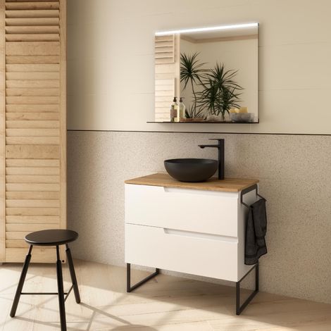 Badezimmermöbel VIMA 800 WHITE SATIN + Waschtisch-Platte EICHE AFRIKA