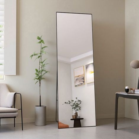 Specchio da Terra - 165 cm - Alluminio Nero - Vetro Temperato - Inclinazione 15°
