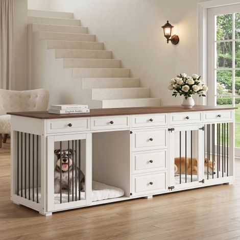 Gabbia per cani, mobile TV, cuccia per cani in legno e metallo, cuccia da interno, gabbia per cani con chiusure, per 2 cani di piccola e media taglia, noce + corpo bianco, 200x60x85 cm (1/5)