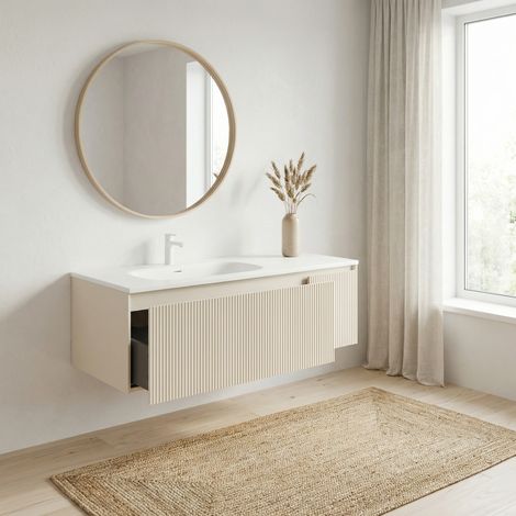 Naturel – Meuble de salle de bain suspendu 120 x 35 x 52 cm – Vasque à poser en marbre coulé blanc mat – AUSTEN120BG – Installation murale