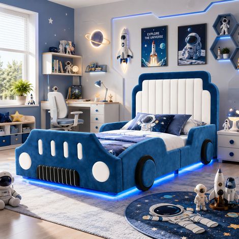Lit simple enfant voiture 90x200 cm avec barrières et LED sommier à lattes sans matelas Velours (1/5)